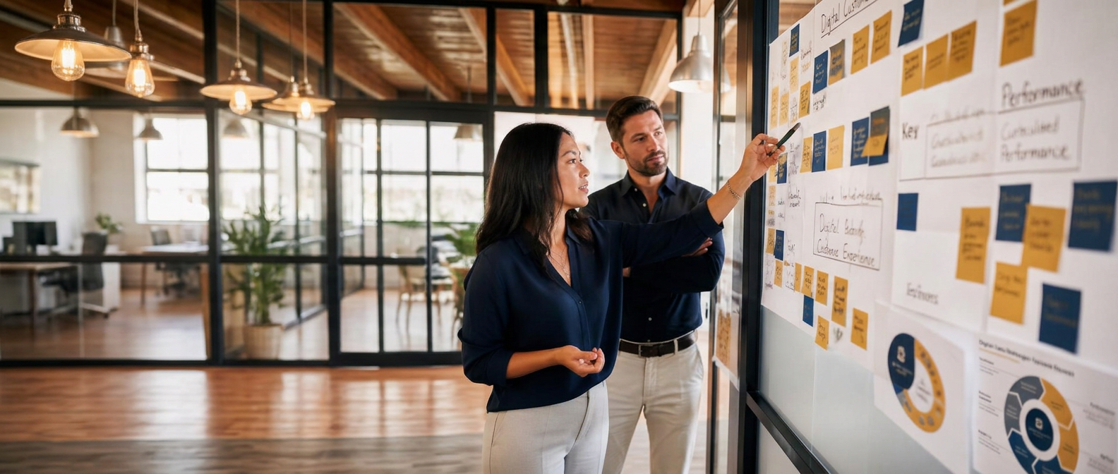 Consultores de Stratond en un taller de estrategia frente a un muro de planeación